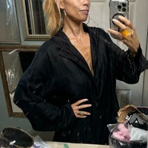 Vtg Donna Karan silk linen jacket hoodie top black signature L hidden pockets